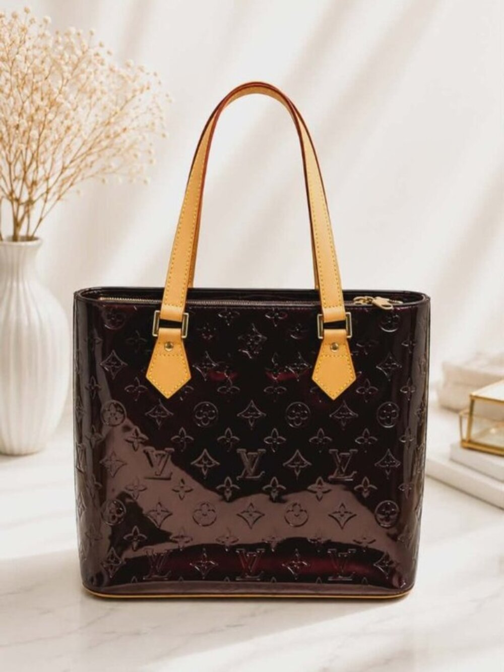 Authentic Louis Vuitton Houston Vernis Amarante Patent Leather Tote Bag